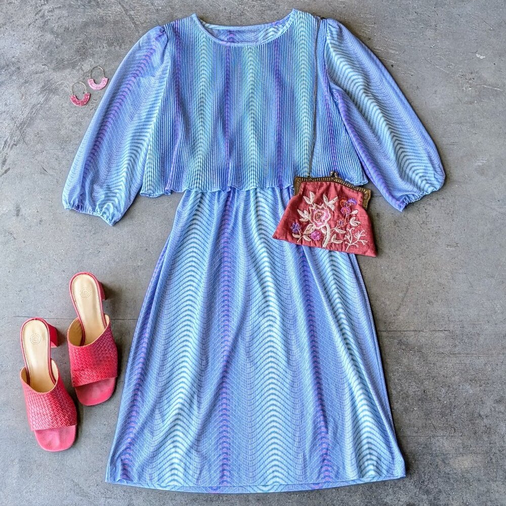 Vintage Groovy Psychedelic Blue Purple Striped Long Sleeve Layered Dress